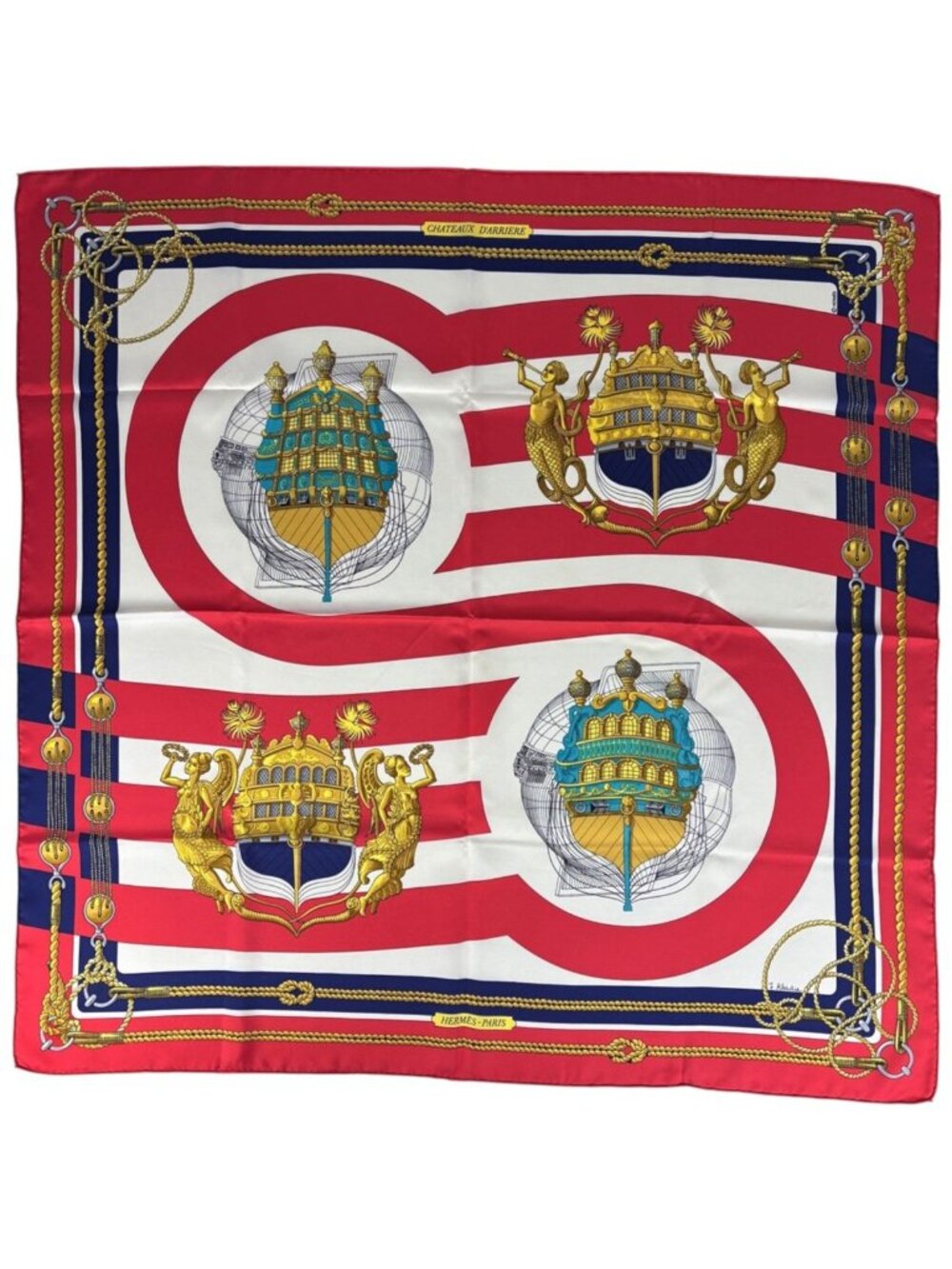 Hermes Carre 90 Chateaux D'arriere Scarf Decoration Silk Red Multicolor